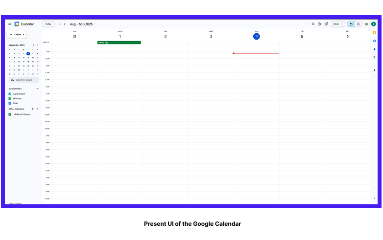 Google Calendar main interface showing weekly view