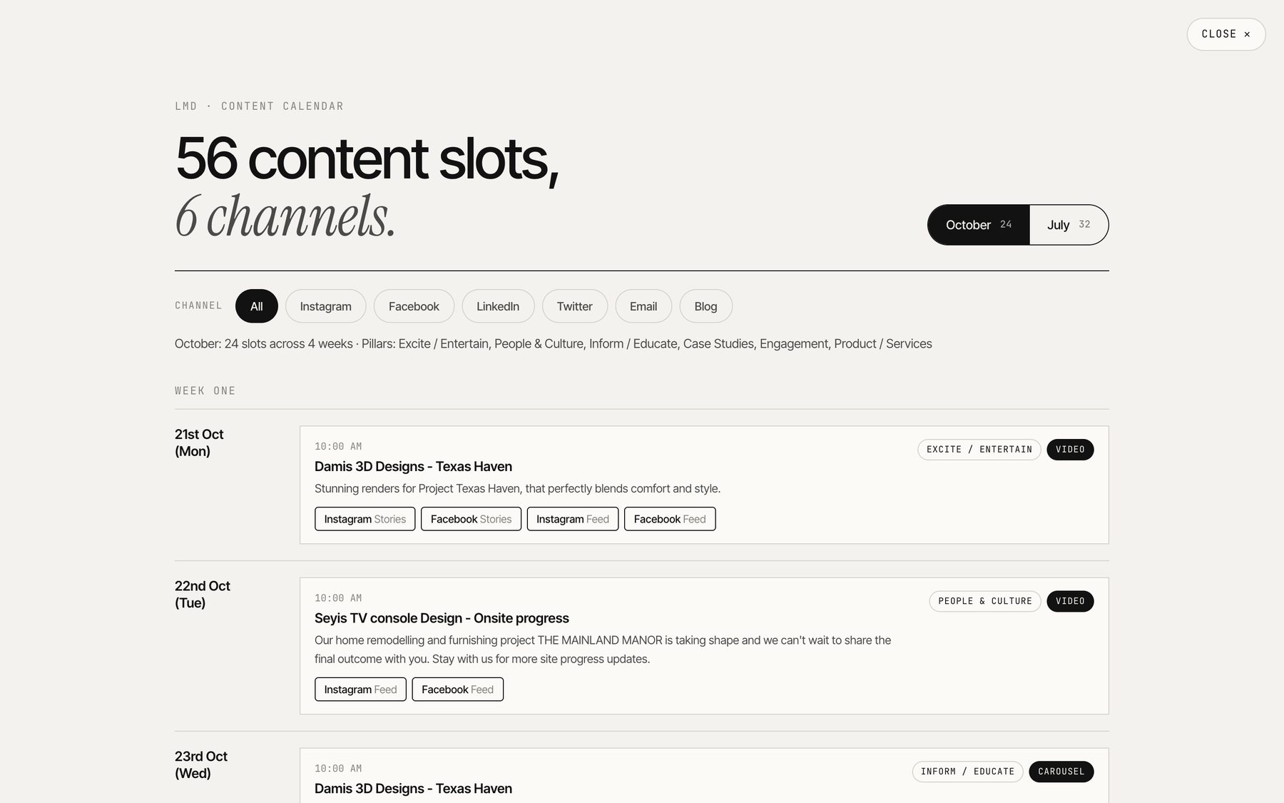 The interactive content calendar: 56 content slots across 6 channels, filterable by channel