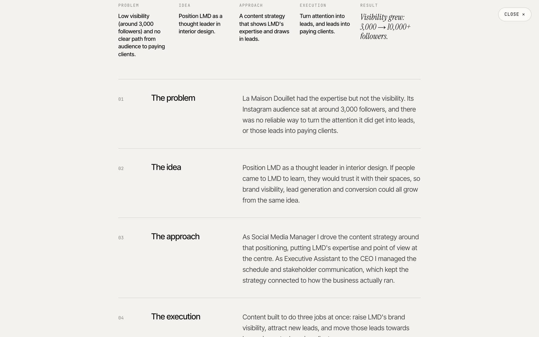 The case map's five steps followed by the written problem, idea and approach