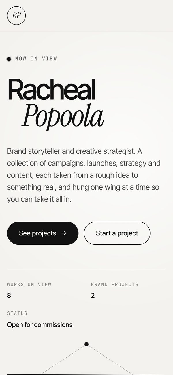 Racheal Popoola's portfolio on a phone: the name, intro and See projects button