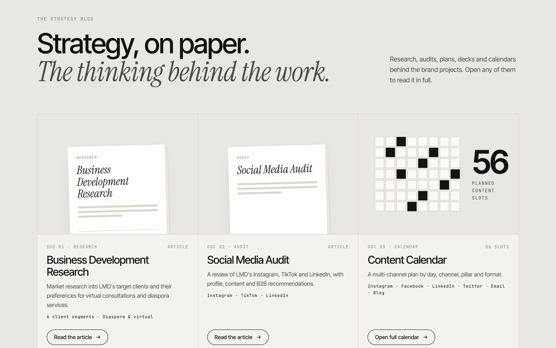 The Strategy blog: Strategy, on paper. Document cards for research, an audit and the 56-slot content calendar