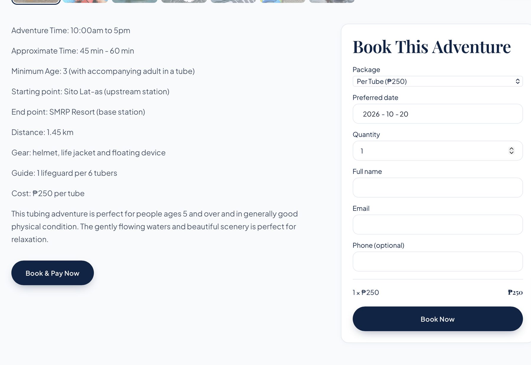 River tubing details beside the Book This Adventure form: package, date, quantity and a 1 × ₱250 total