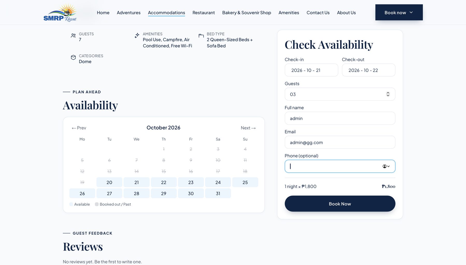 Family Dome page with the booking form filled in, showing 1 night × ₱1,800 above the Book Now button