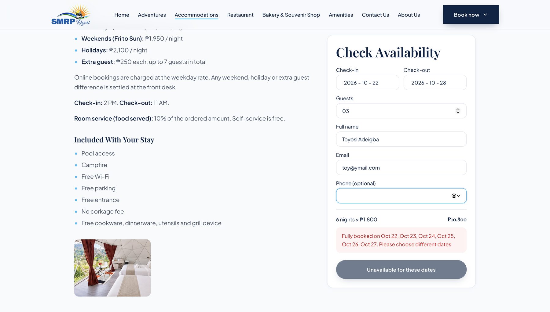 Family Dome booking form showing: Fully booked on Oct 22 to Oct 27, please choose different dates, with the button reading Unavailable for these dates