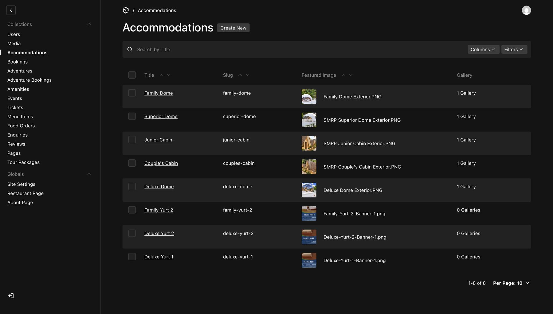 Accommodations collection in the CMS: five current rooms plus three retired yurts kept for booking history