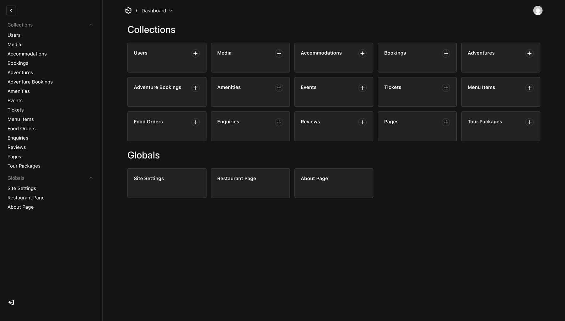 Payload CMS dashboard listing collections: Accommodations, Bookings, Adventures, Menu Items, Food Orders, Reviews and more