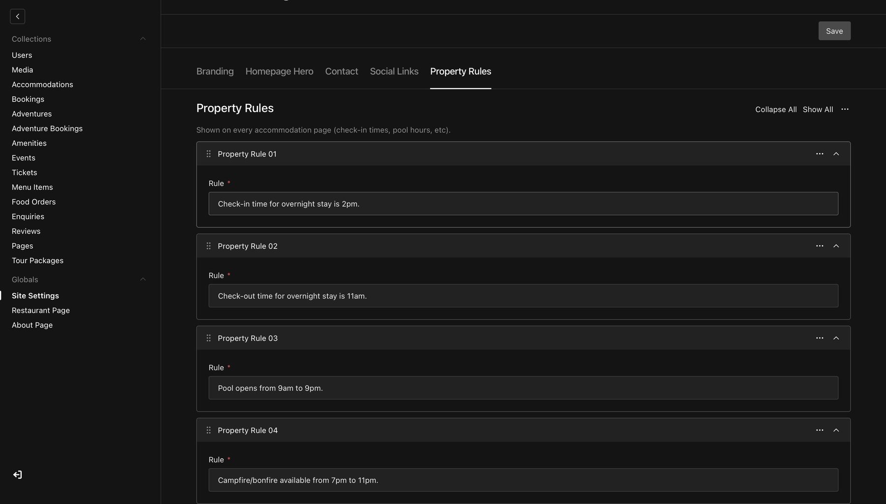 Site Settings in the CMS: property rules such as check-in and pool hours, each an editable field