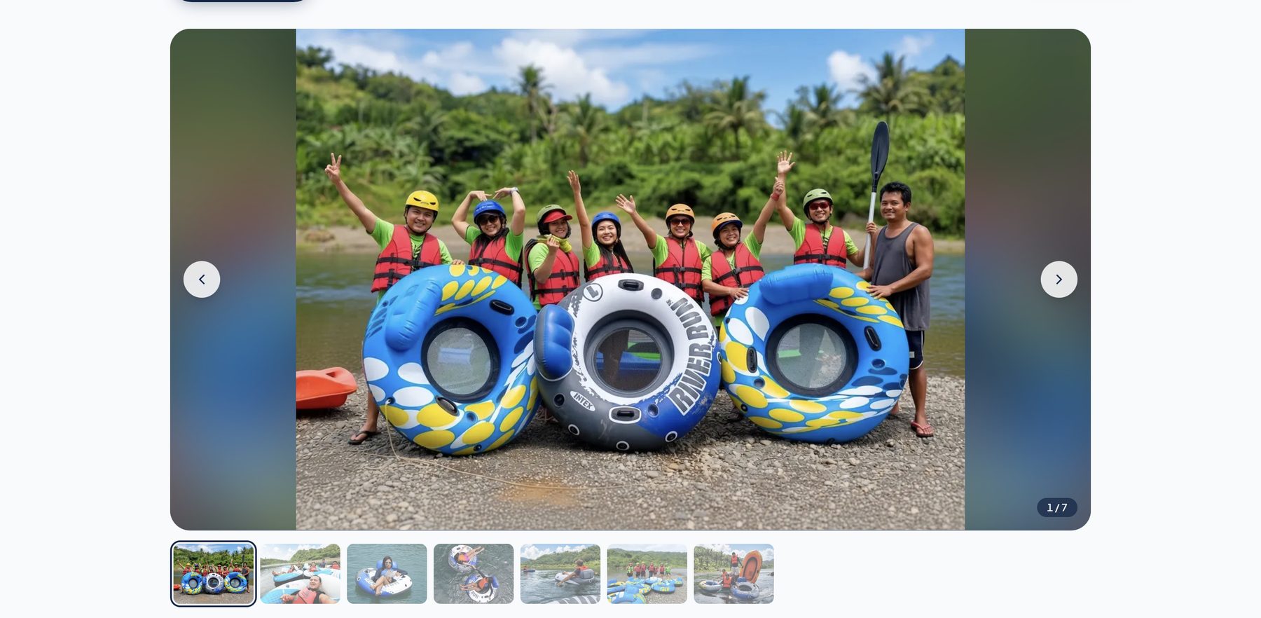 River tubing adventure page: a group photo shown whole on a blurred fill, with thumbnails below