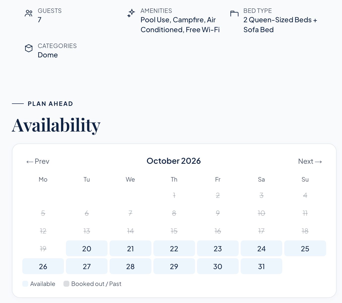 Family Dome availability calendar for October 2026, with past and booked-out nights crossed out