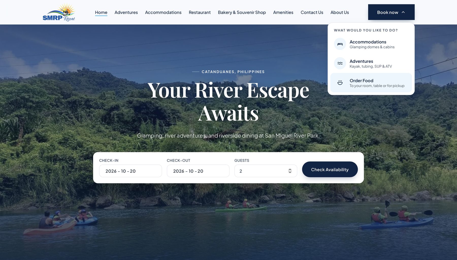 The Book now dropdown open, offering Accommodations, Adventures and Order Food
