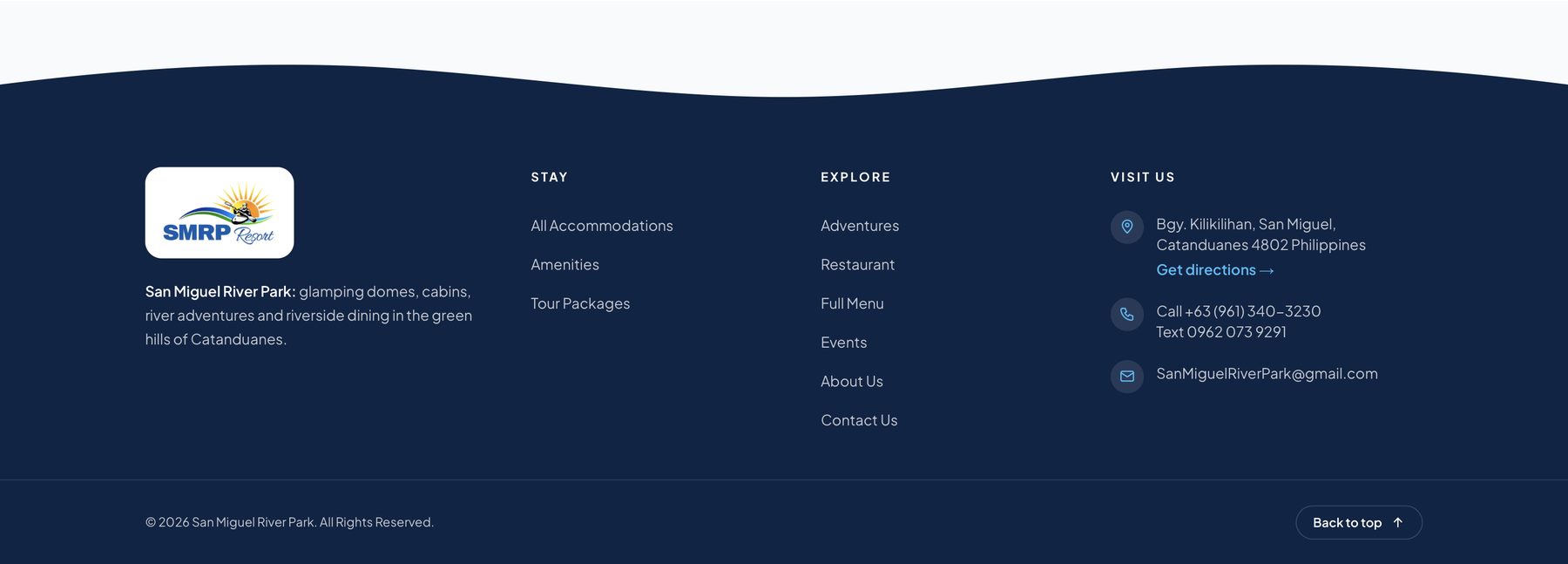 New footer with a river-wave edge, grouped links, click-to-call, text, email and directions