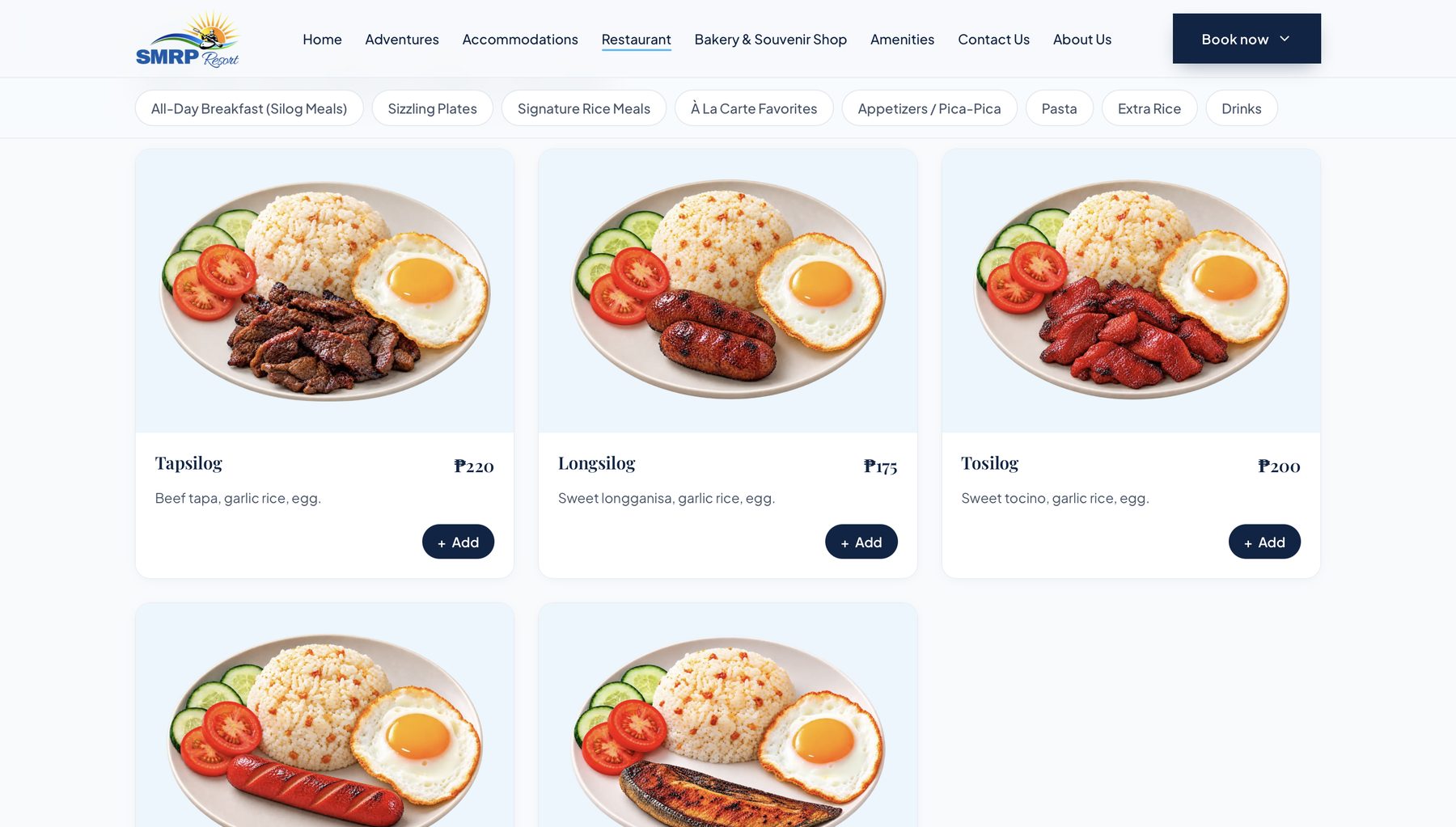 New menu: silog breakfast plates photographed individually, with descriptions, prices and Add buttons under a sticky category bar