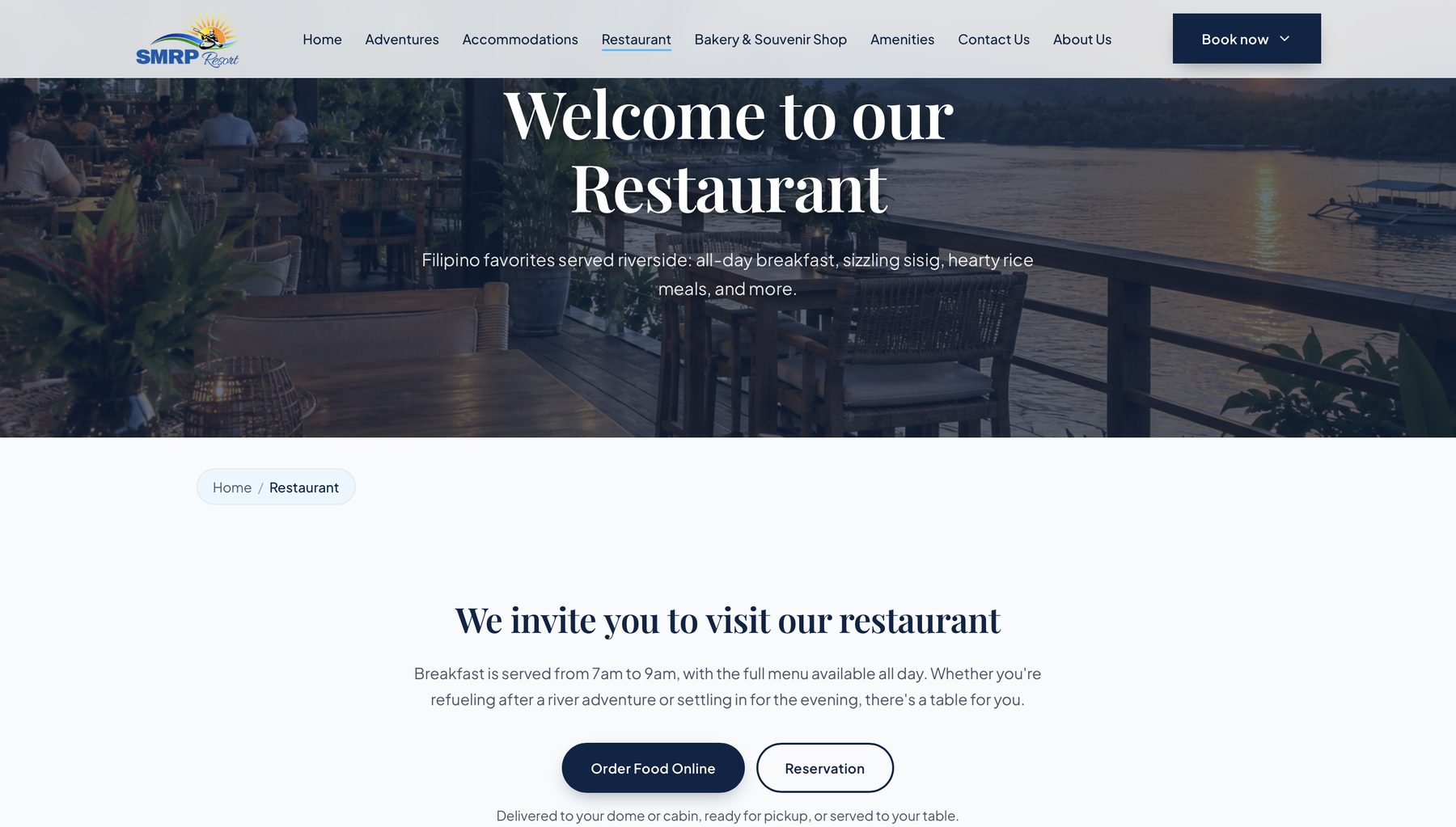 Restaurant page: Welcome to our Restaurant, with Order Food Online and Reservation buttons
