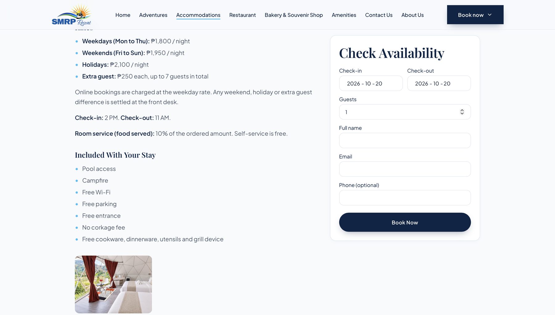 Family Dome page: weekday, weekend and holiday rates, inclusions, and the Check Availability form