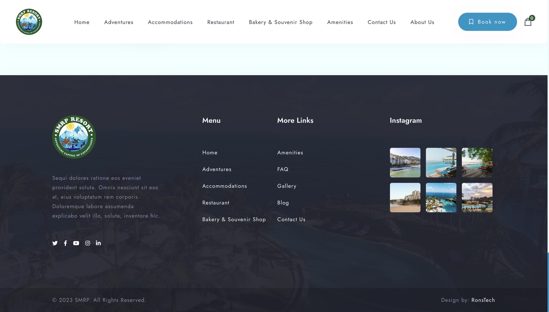 Old footer with lorem ipsum text, stock Instagram photos of other resorts and a 2023 copyright
