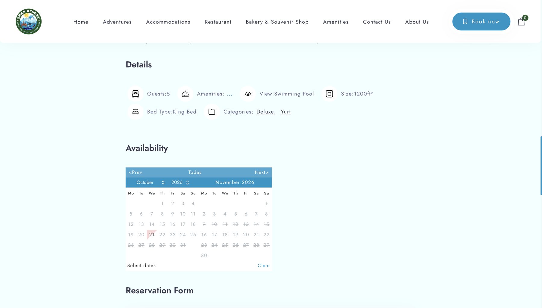 Old Deluxe Yurt page with a template booking calendar and truncated details