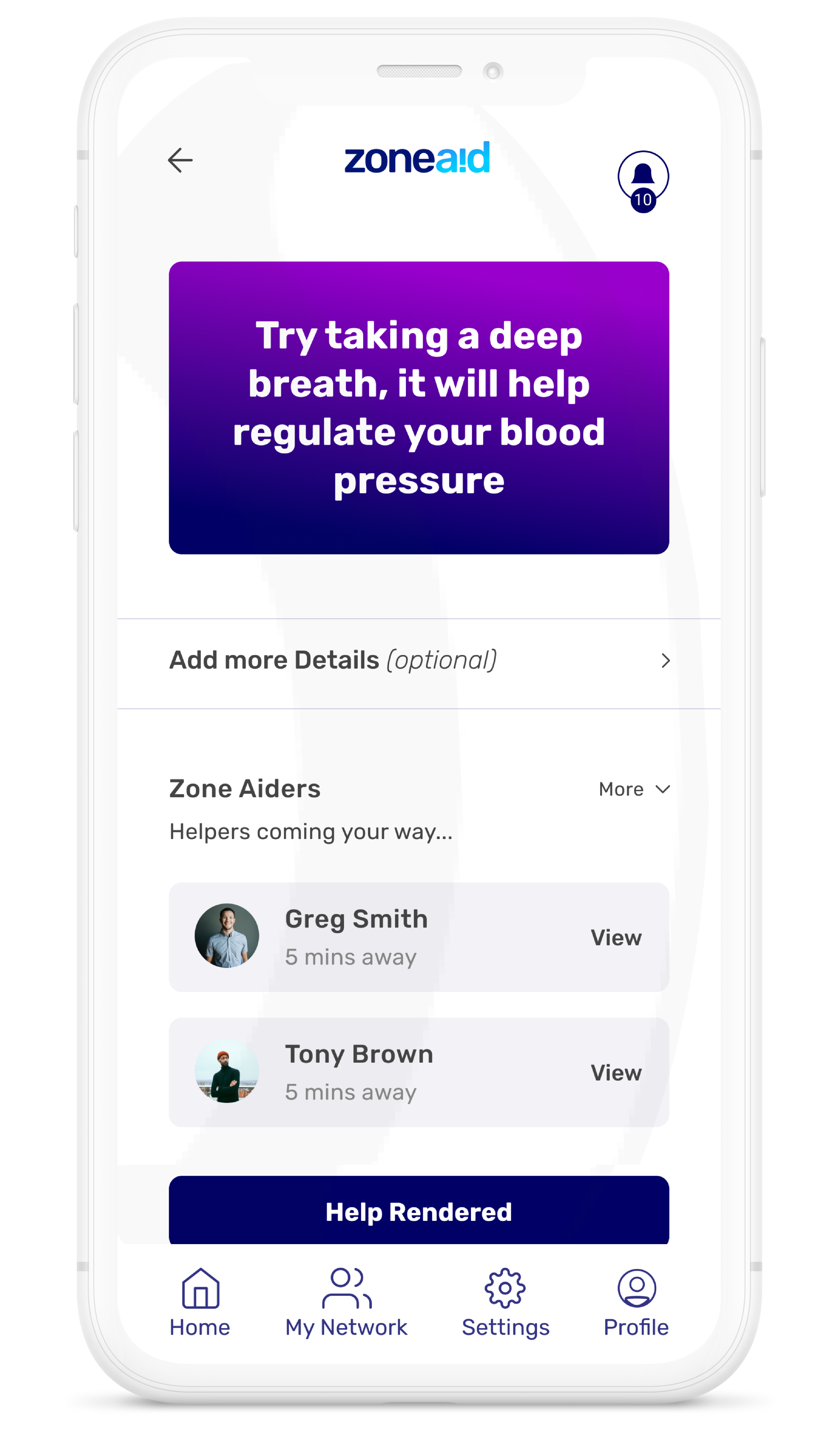 ZoneAid help progress screen showing breathing guidance and Zone Aiders availability with Helper Rendered status