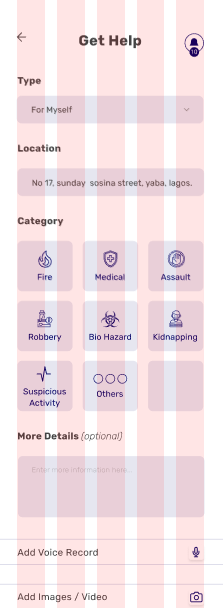 ZoneAid Get Help screen showing the Add Voice Record option beneath emergency category selection